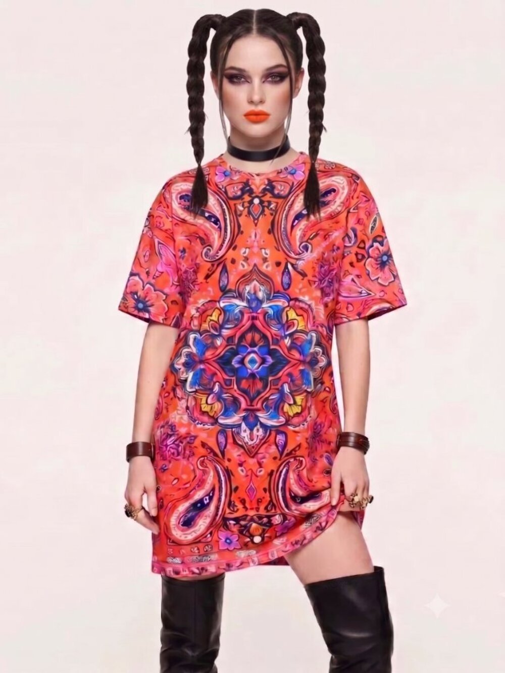 Red Orange Paisley Cotton Tee Shirt Dress,Bandana Shirtdress Size 2xl Oversized